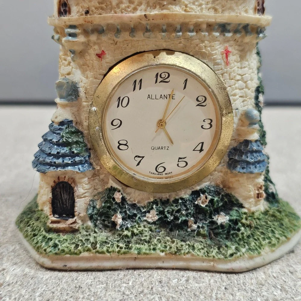 Allante Castle Cottage Desk Clock Small Cream Blue Good Whimsical Resin Quartz
